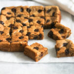 Peanut butter chocolate chip chickpea blondies cut into squares