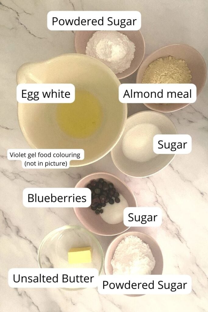 Ingredients needed for Blueberry Macarons.