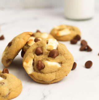 Cookies with marshmallow and chocolate chip pieces placed randomly.