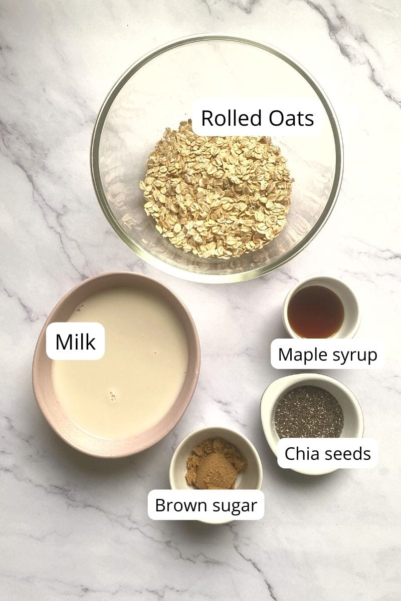 Ingredients in bowls for brown sugar maple overnight oats.