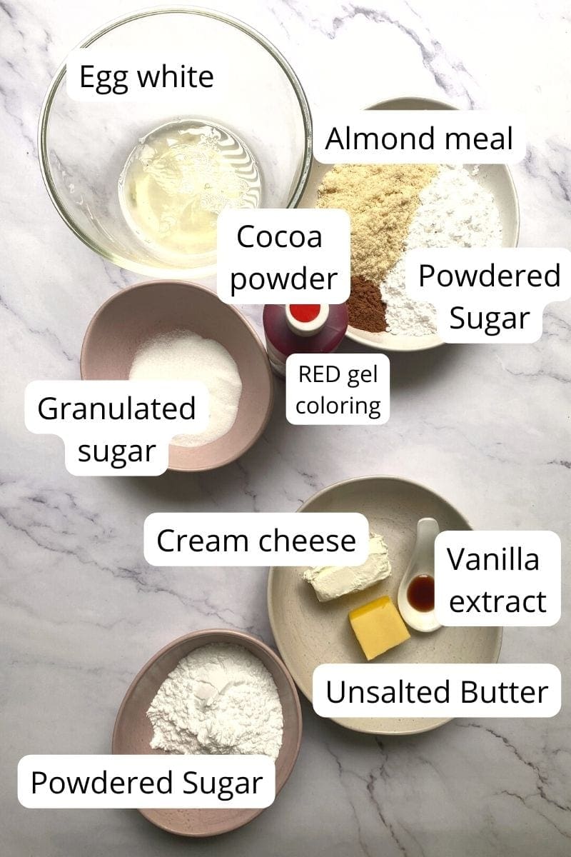 Ingredients of red velvet macarons.