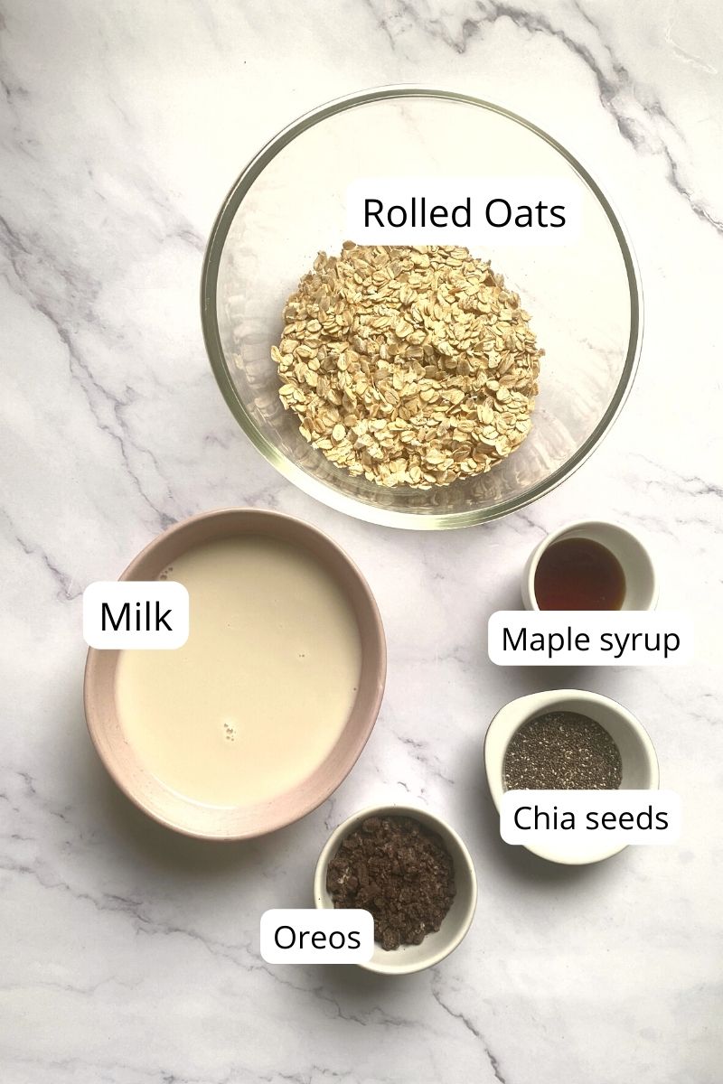 Ingredients in bowls for oreo overnight oats.