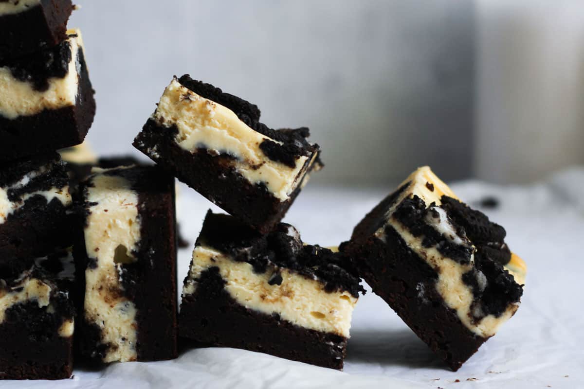 Stacked cheesecake brownies.