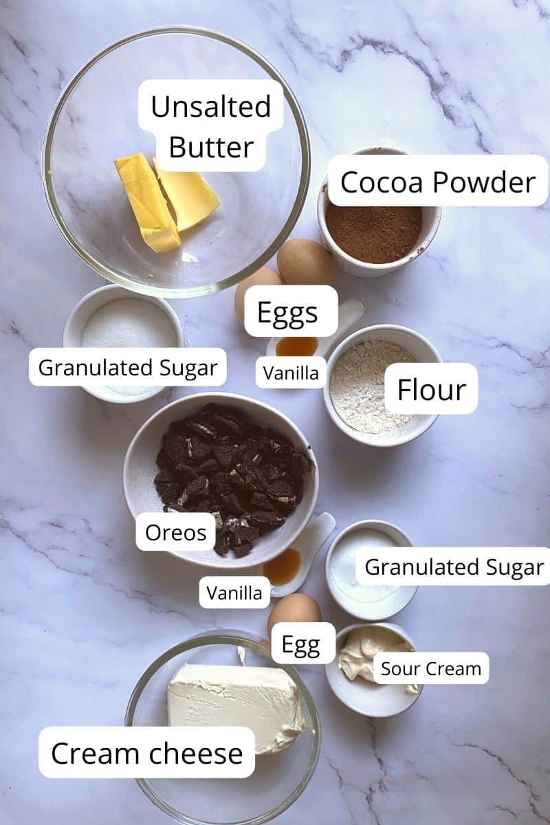Ingredients of oreo cheesecake brownies.