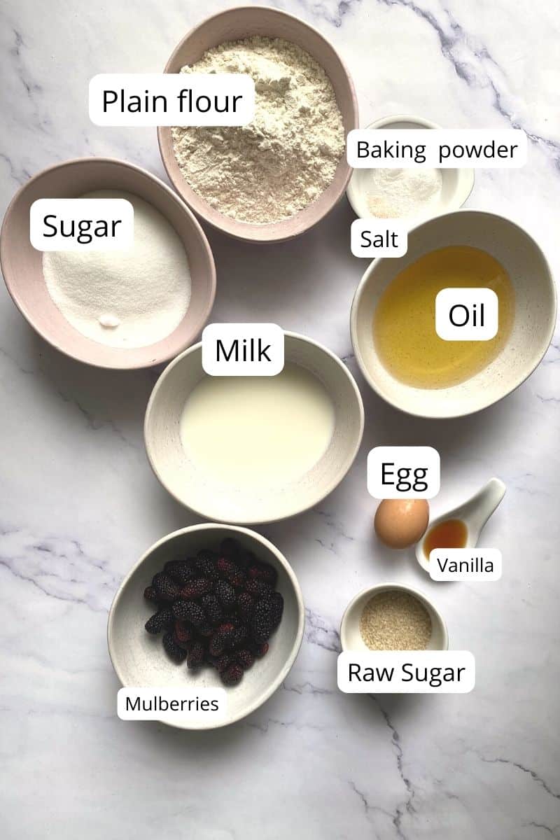 Ingredients of mulberry muffins set out in bowls.