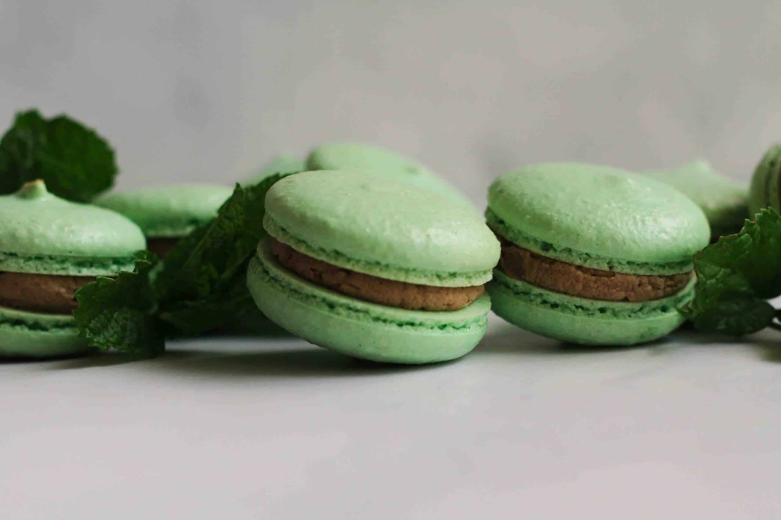 Chocolate Mint Macarons next to each other with Mint Leaves
