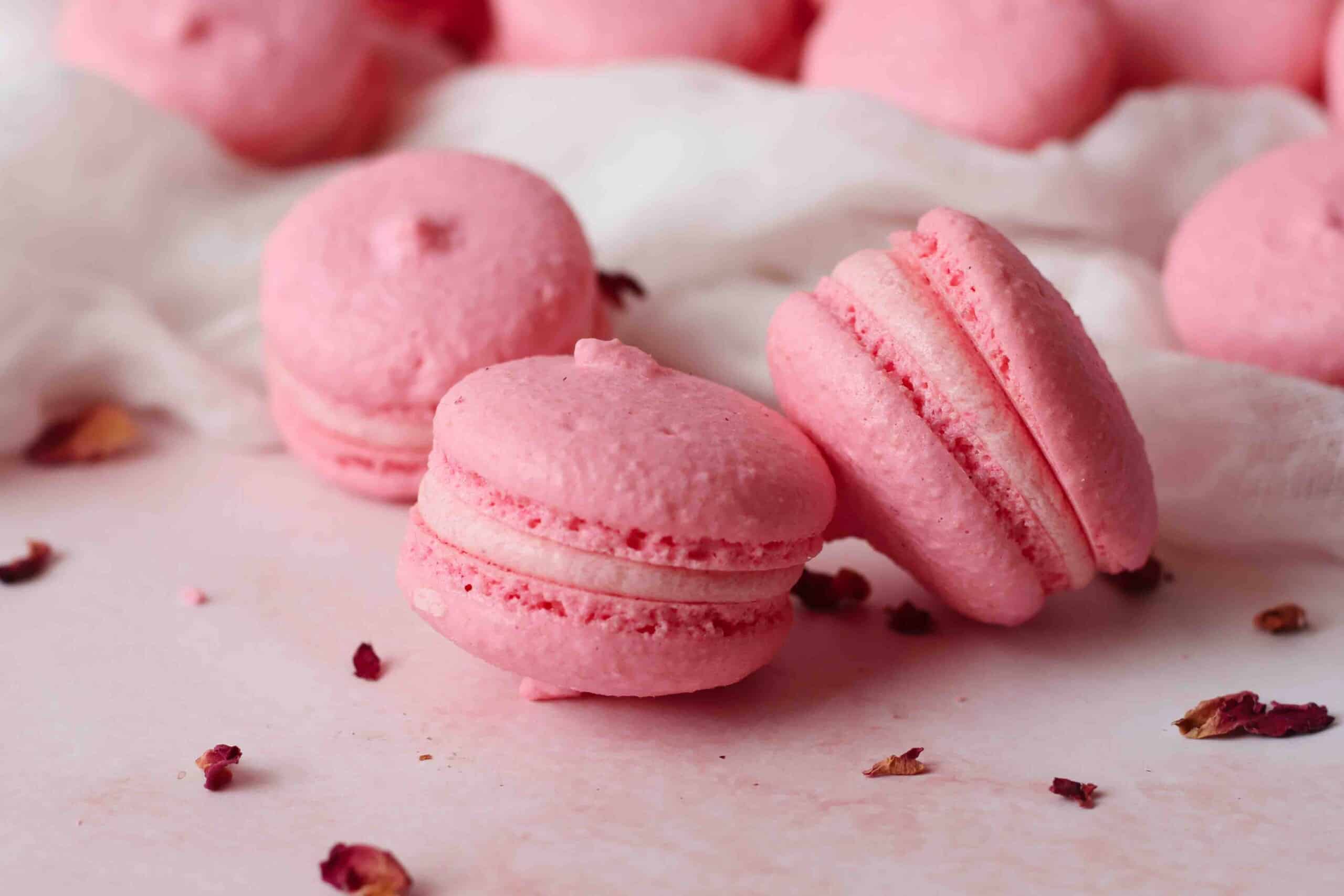 Rose Macarons next to each other along with some rose petals.
