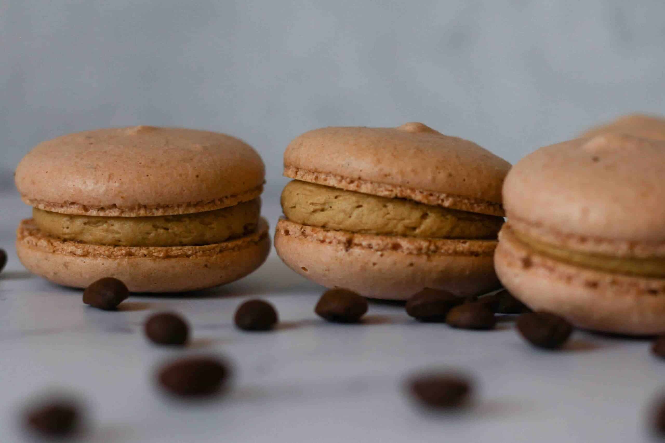 Coffee macarons in landscape with coffee beans.