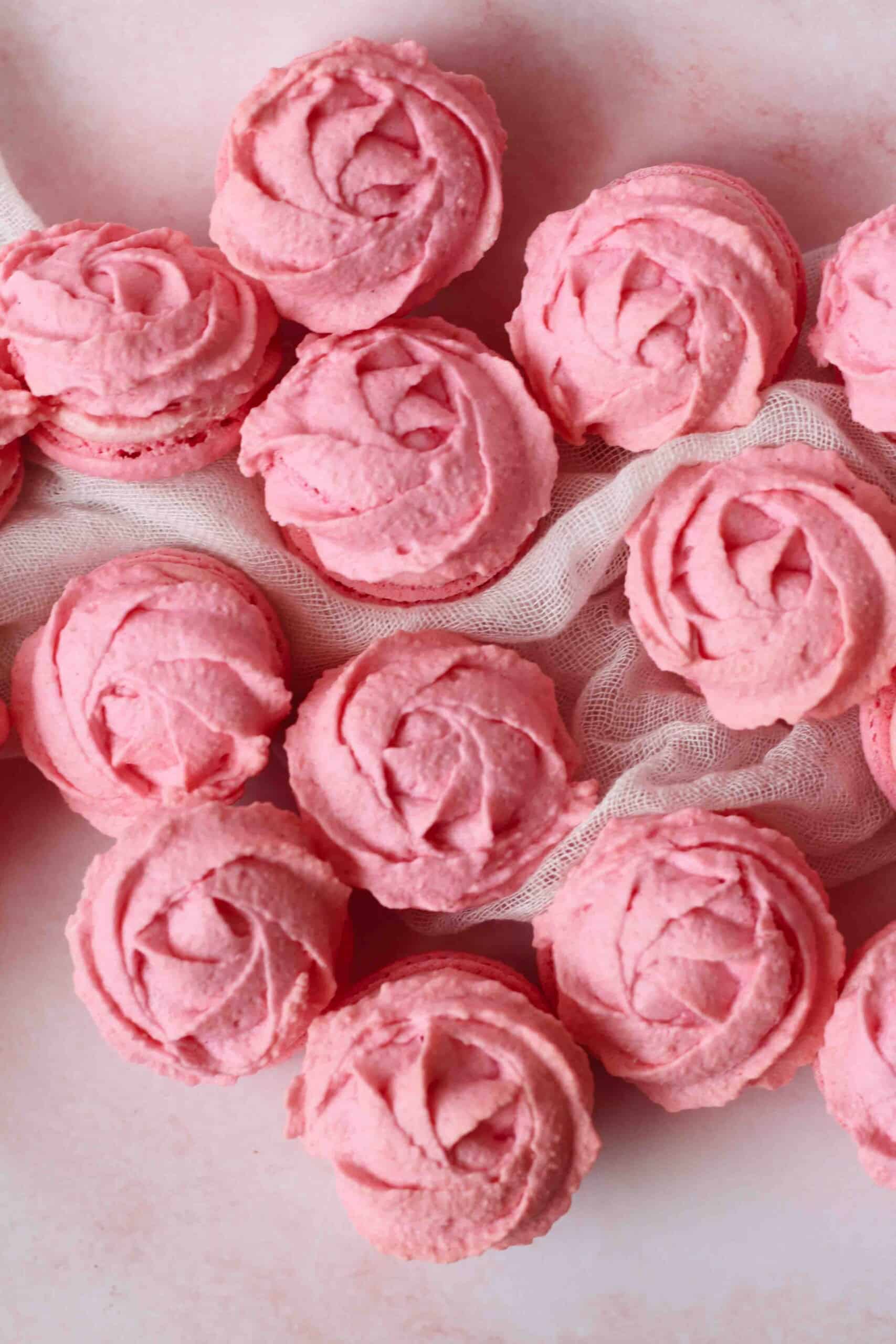 Rosette macarons laid out together.