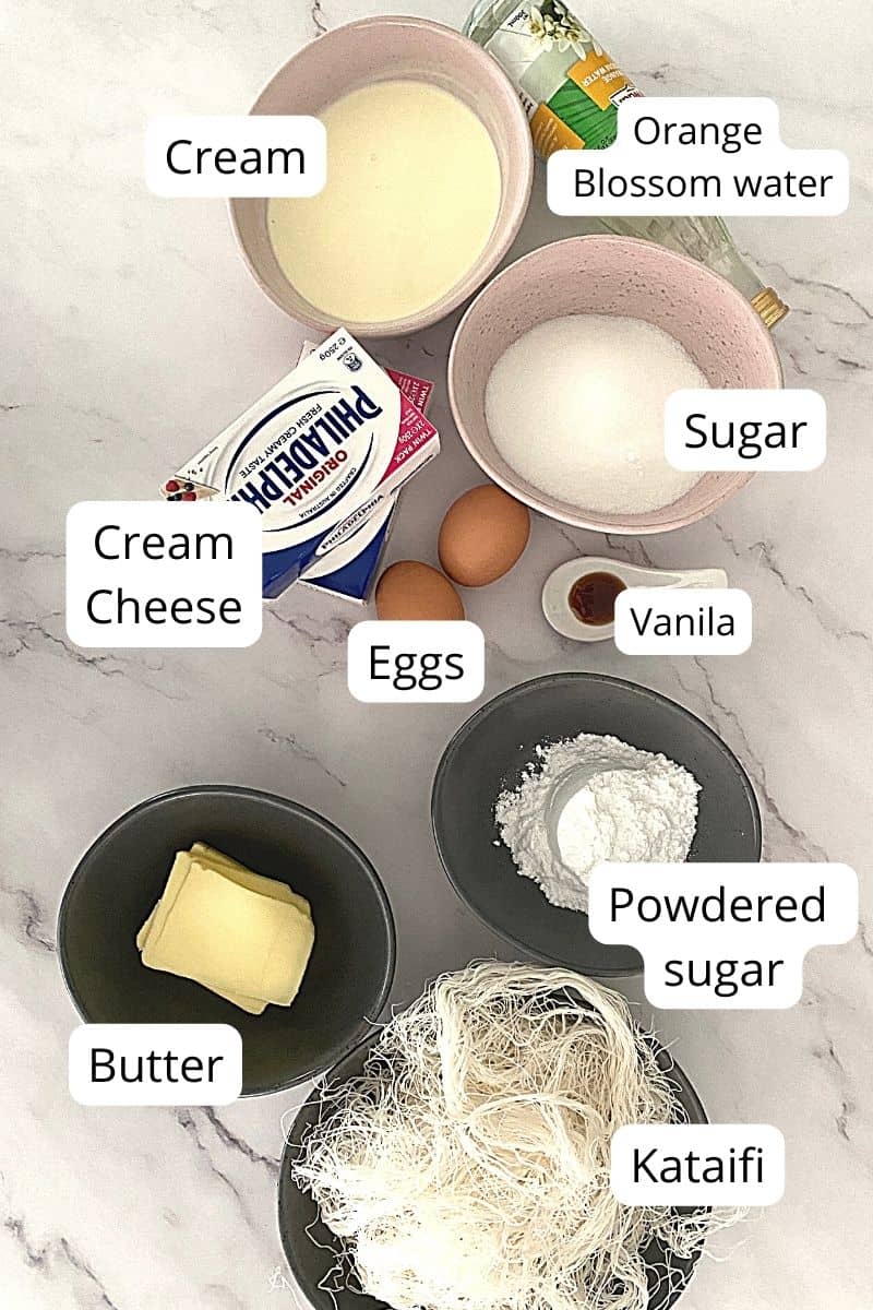 Ingredients for Knafeh Cheesecake in bowls.