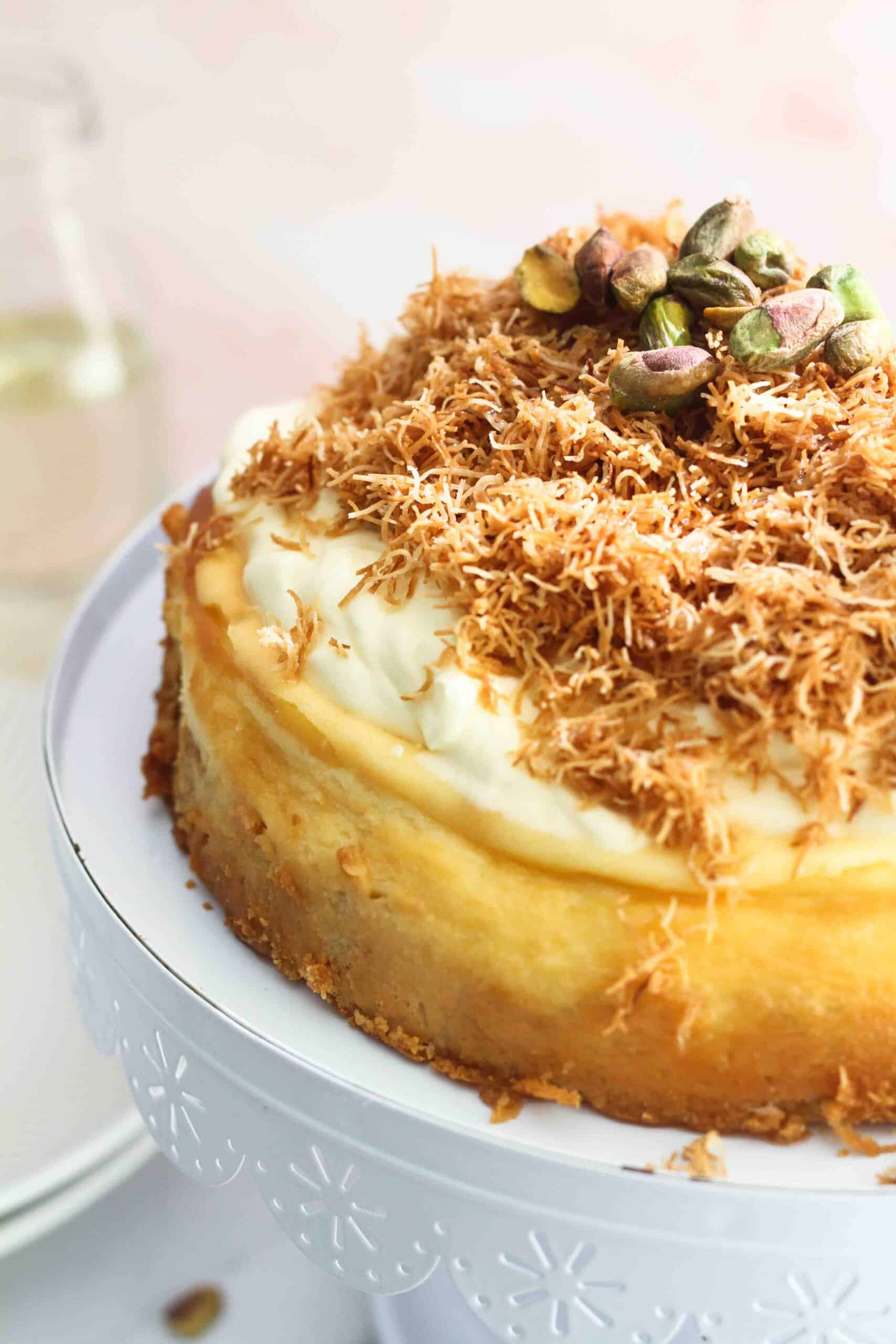 Close up angle of knafeh cheesecake topping.