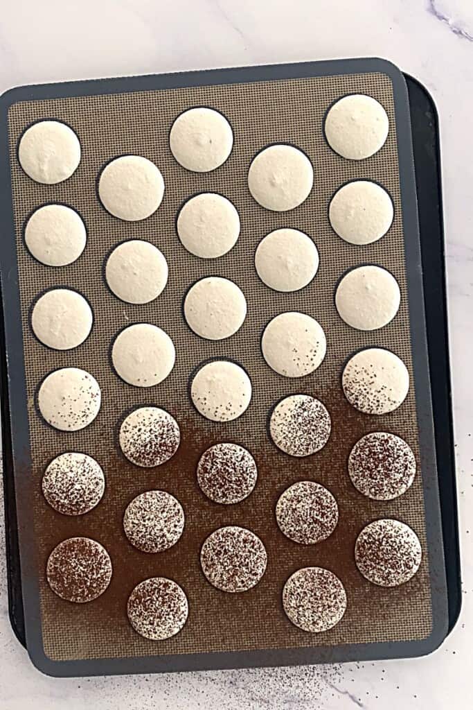 White macaron shells dusted with cocoa powder.