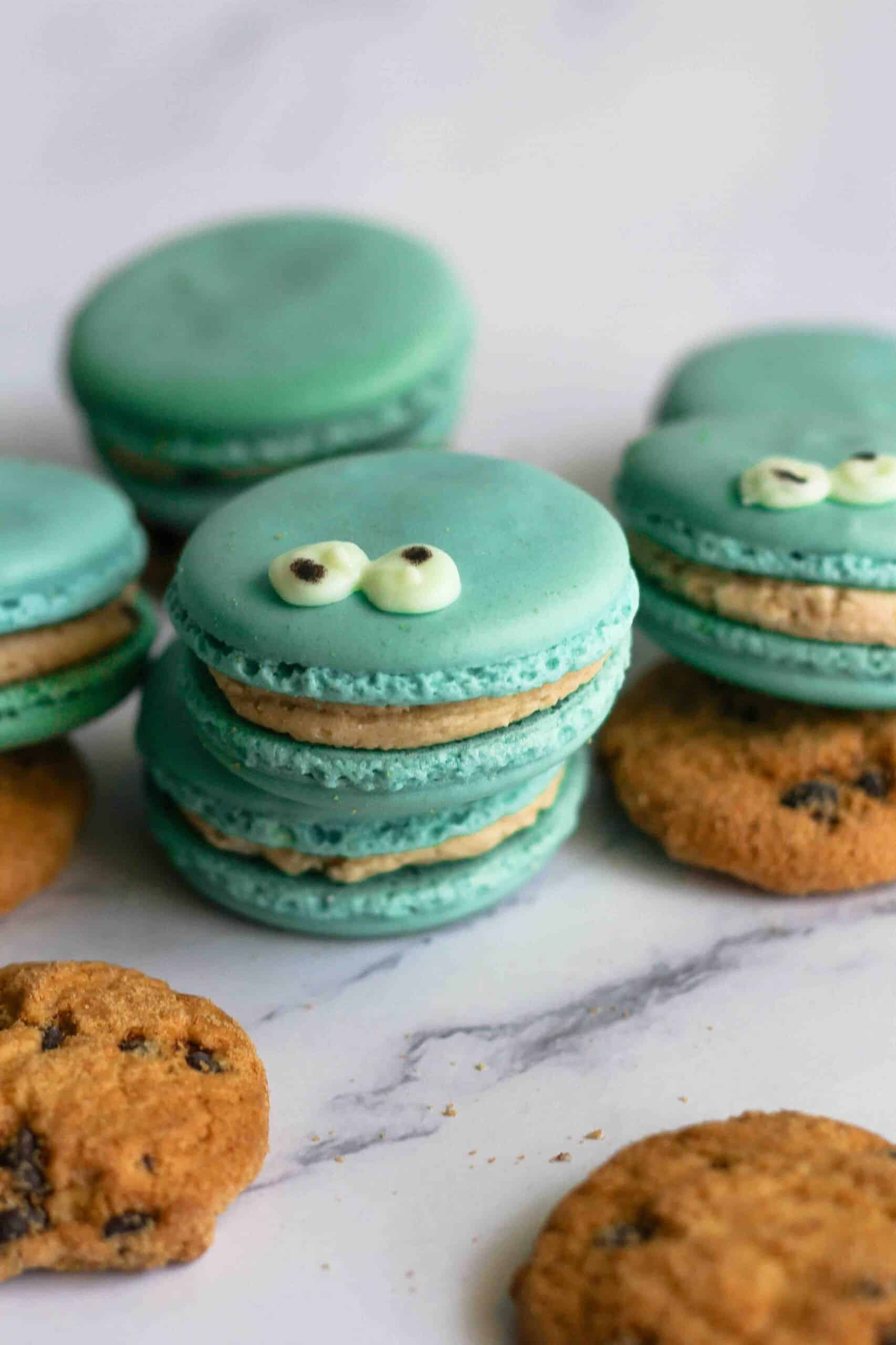 Cookie Monster macarons with cookies.